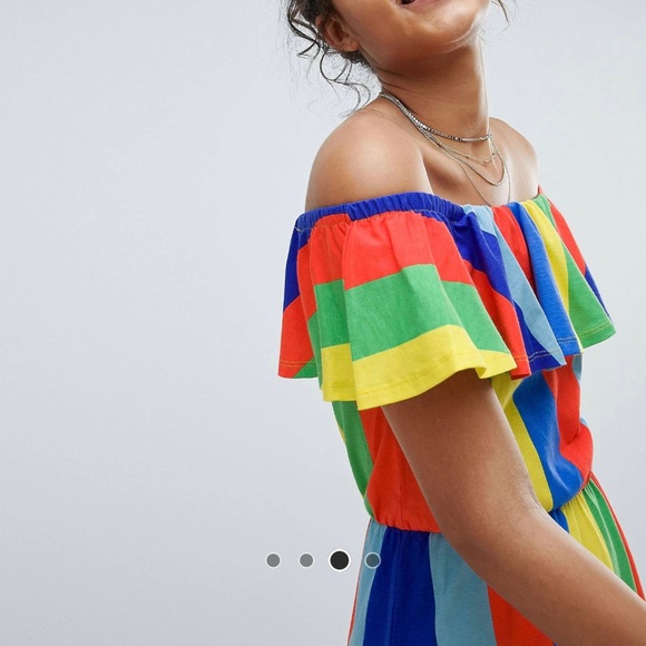 ASOS Women’s Rainbow Pride Striped Ruffled Casual Off Shoulder Dress Size 14 - Picture 4 of 8
